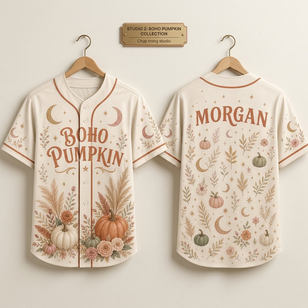 Personalized Boho Pumpkin Baseball Jersey - Custom Name Fall Floral Celestial Aesthetic Jersey Shirt for Women