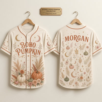 Personalized Boho Pumpkin Baseball Jersey - Custom Name Fall Floral Celestial Aesthetic Jersey Shirt for Women