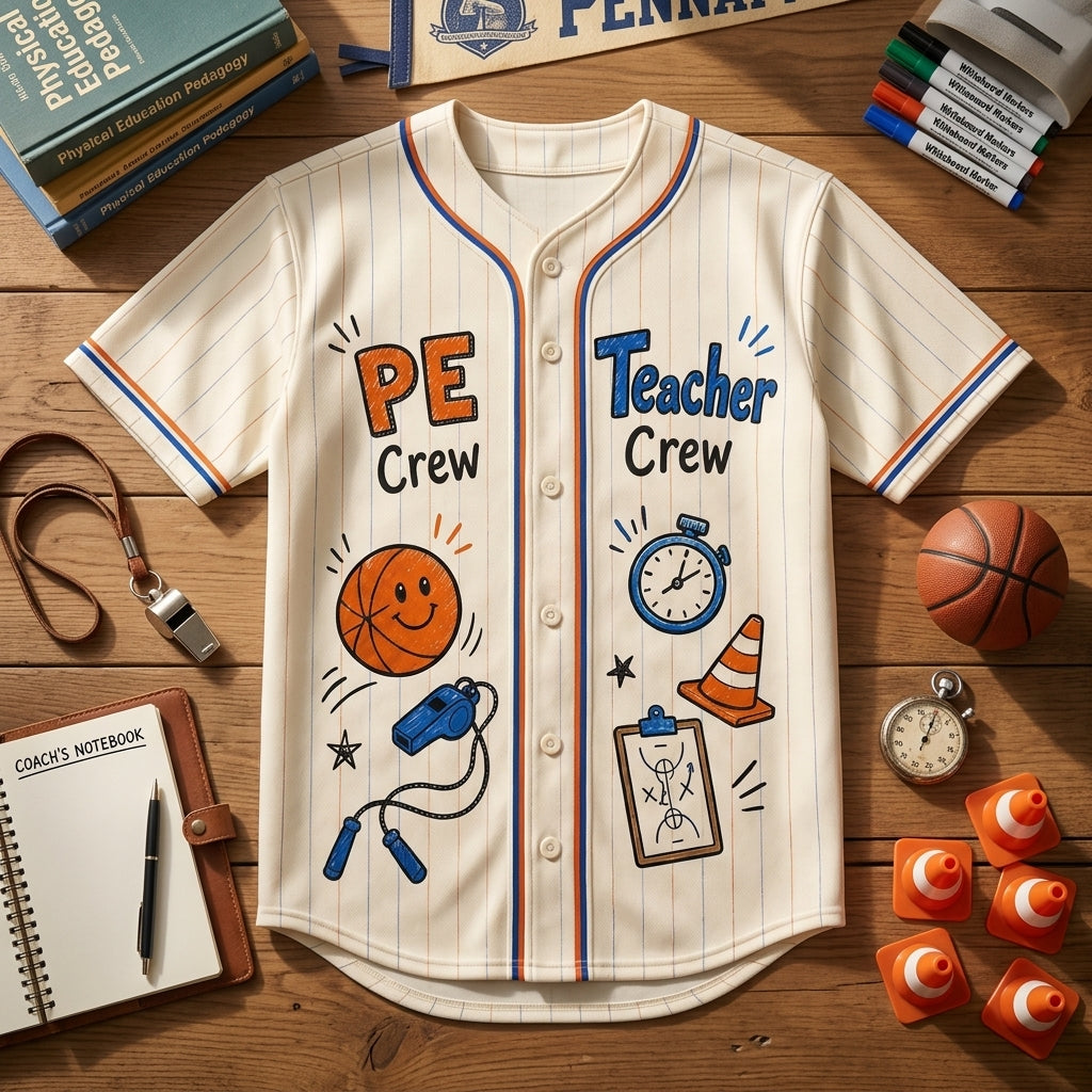 Personalized PE Teacher Crew Baseball Jersey - Custom Coach Name Gym Class Energy Shirt - Unisex Pinstripe Jersey