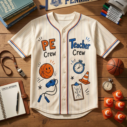 Personalized PE Teacher Crew Baseball Jersey - Custom Coach Name Gym Class Energy Shirt - Unisex Pinstripe Jersey