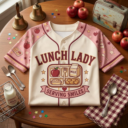 Personalized Lunch Lady Baseball Jersey - Custom Name and Number Serving Smiles School Cafeteria Staff Gift
