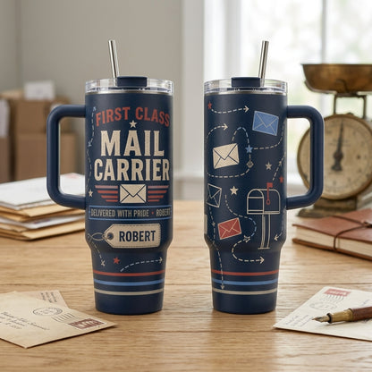 Personalized First Class Mail Carrier 40oz Tumbler with Handle - Custom Name Postal Worker Gift