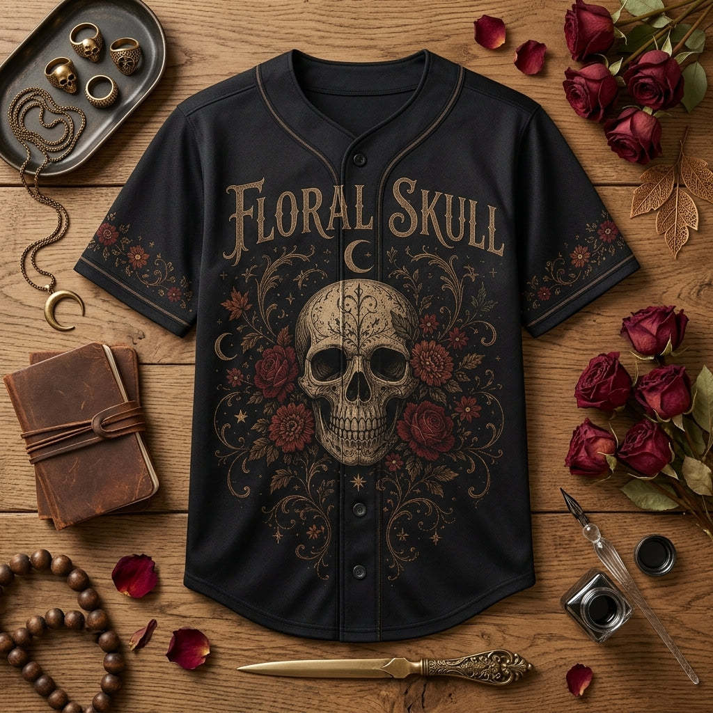 Personalized Gothic Floral Skull Baseball Jersey - Custom Name Dark Aesthetic Roses & Moon Sporty Button Down