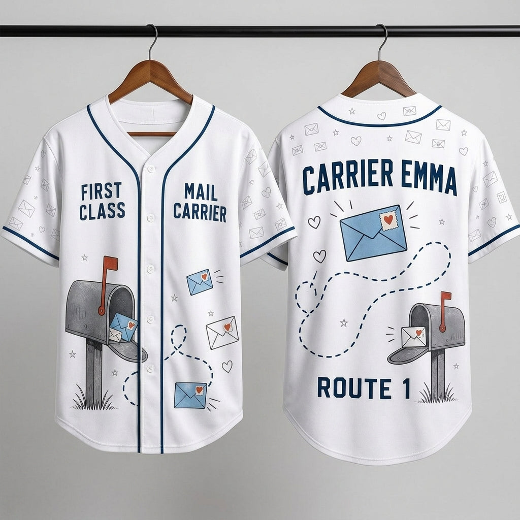 Personalized First Class Mail Carrier Baseball Jersey - Custom Name and Route Number Postal Worker Gift