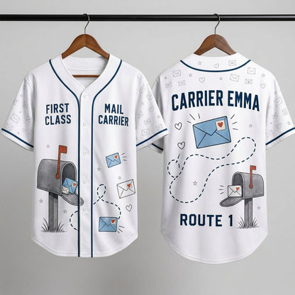 Personalized First Class Mail Carrier Baseball Jersey - Custom Name and Route Number Postal Worker Gift