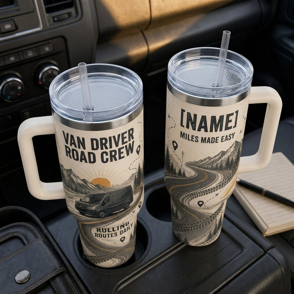 Personalized Van Driver Road Crew 40oz Tumbler with Handle - Custom Name Delivery Driver Gift