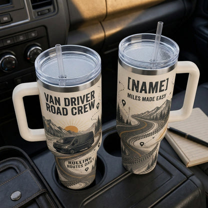 Personalized Van Driver Road Crew 40oz Tumbler with Handle - Custom Name Delivery Driver Gift