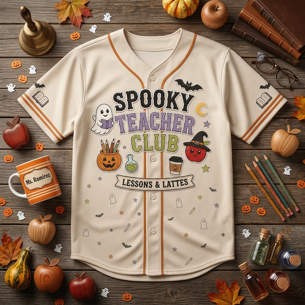 Personalized Spooky Teacher Club Baseball Jersey - Custom Name Halloween Classroom Crew Shirt