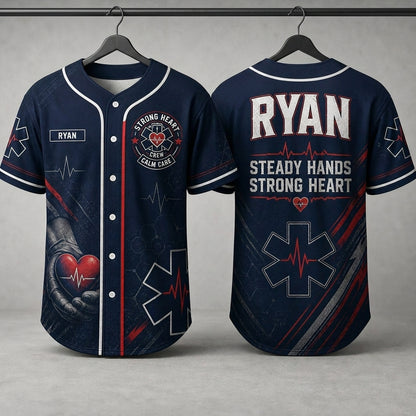 Personalized EMS Paramedic Baseball Jersey - Custom Name First Responder Uniform - Steady Hands Strong Heart Navy Shirt