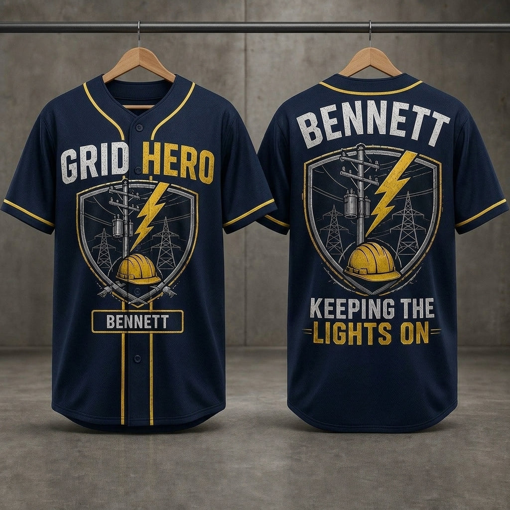 Personalized Lineman Baseball Jersey - Custom Name Grid Hero Electrical Worker Apparel Gift