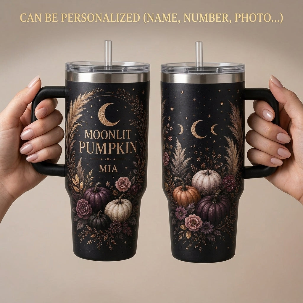 Personalized Moonlit Pumpkin 40oz Tumbler with Handle, Custom Name Celestial Fall Autumn Travel Mug