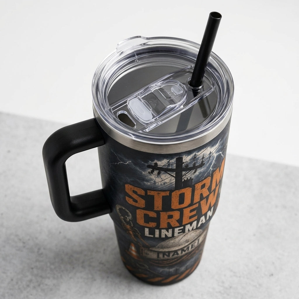 Personalized Lineman Storm Crew 40oz Tumbler with Handle, Custom Name Utility Worker Gift for Men - 40oz tumbler mockup 5
