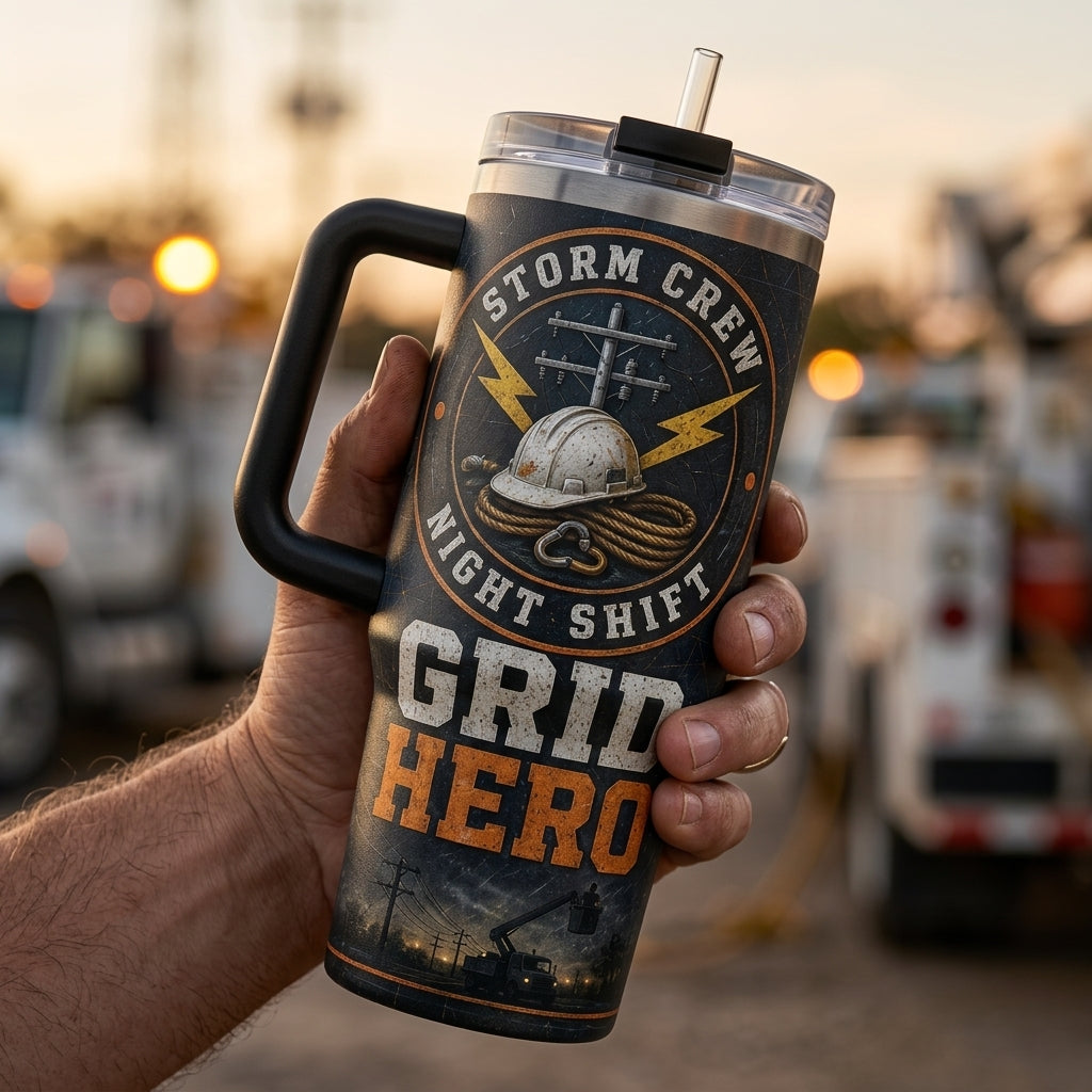 Personalized Lineman 40oz Tumbler with Handle - Storm Crew Grid Hero Gift for Utility Workers & Night Shift Crews product view 4
