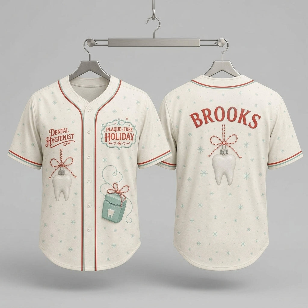 Personalized Dental Hygienist Christmas Baseball Jersey - Custom Name Plaque-Free Holiday Shirt