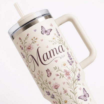 Personalized Mama Floral 40oz Tumbler with Handle - Custom Kids Names & Butterfly Design Gift