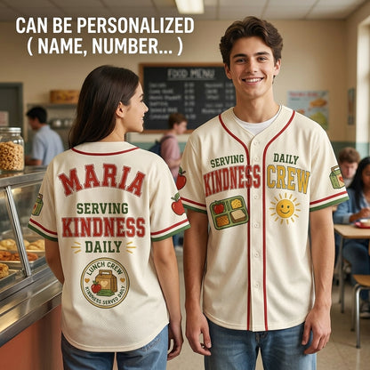 Personalized Lunch Crew Serving Kindness Daily Baseball Jersey - Custom Name Cafeteria Staff Gift