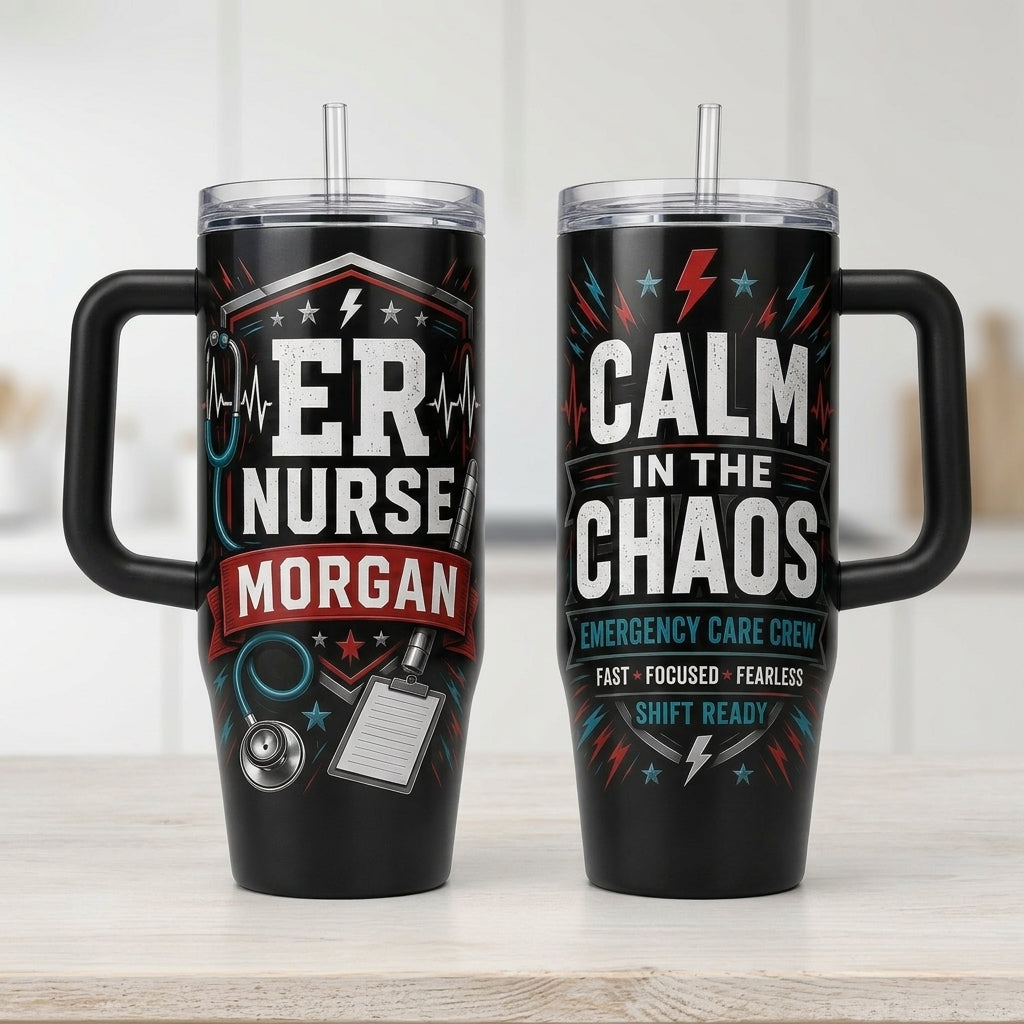 Personalized ER Nurse 40oz Tumbler with Handle - Custom Name Calm in the Chaos Medical Gift