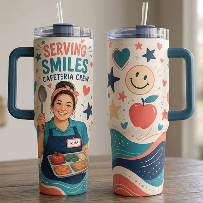 Personalized Serving Smiles Cafeteria Crew 40oz Tumbler with Handle - Custom Name Lunch Lady Gift