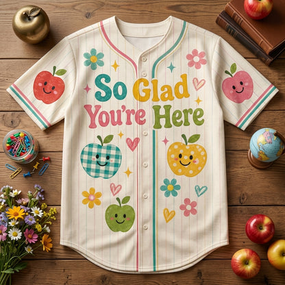 Personalized Teacher Baseball Jersey - Custom Name Happy Classroom Faces Apple Design Back to School Apparel