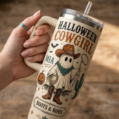 Personalized Halloween Cowgirl 40oz Tumbler with Handle - Custom Name Boots & Boos Western Spooky Gift