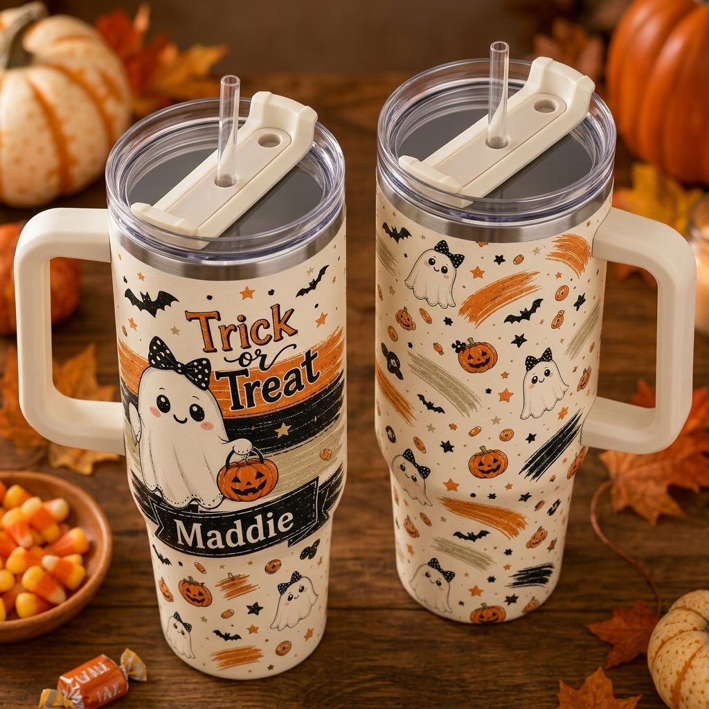 Personalized Halloween Ghost Trick or Treat 40oz Tumbler with Handle - Custom Name Gift