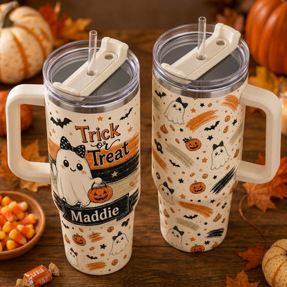 Personalized Halloween Ghost Trick or Treat 40oz Tumbler with Handle - Custom Name Gift