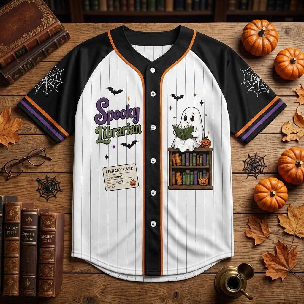 Personalized Spooky Librarian Halloween Baseball Jersey - Custom Name Ghost Bookish Gift for Teachers
