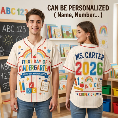 Personalized First Day of Kindergarten Teacher Baseball Jersey - Custom Name & Year Kinder Crew Shirt