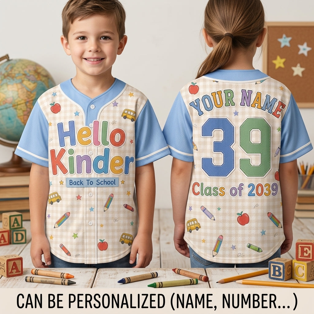 Personalized Hello Kinder Back to School Baseball Jersey - Custom Name & Number Kindergarten Shirt for Kids