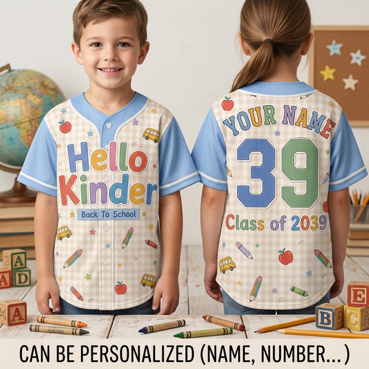 Personalized Hello Kinder Back to School Baseball Jersey - Custom Name & Number Kindergarten Shirt for Kids