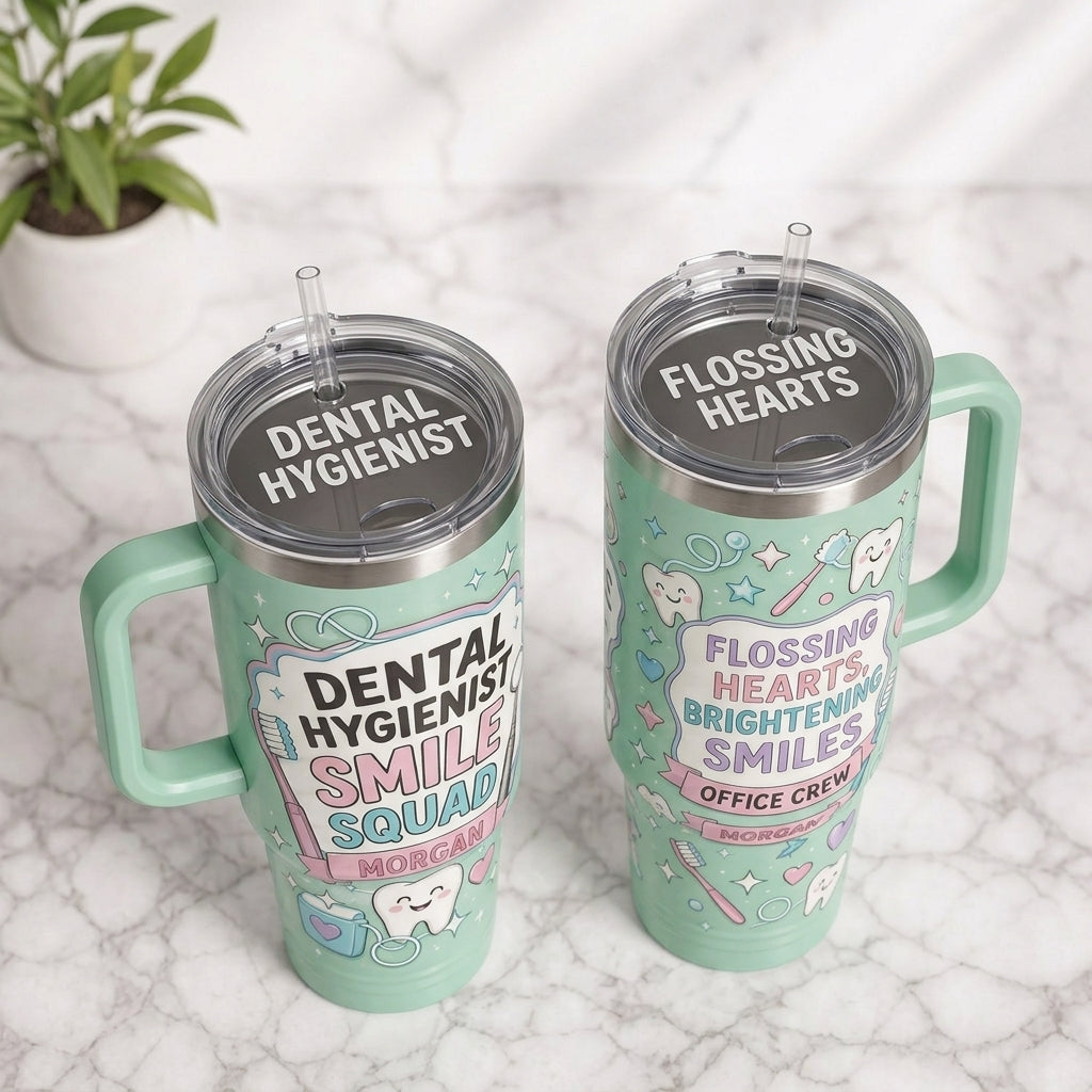 Personalized Dental Hygienist 40oz Tumbler with Handle - Custom Name Smile Squad Gift for Dental Office Crew