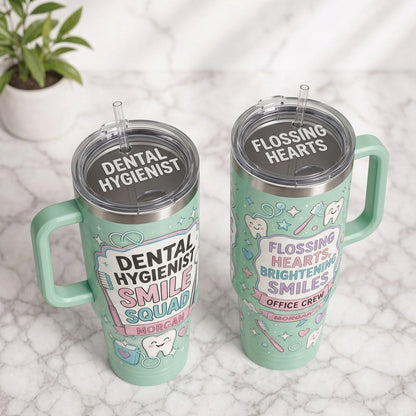 Personalized Dental Hygienist 40oz Tumbler with Handle - Custom Name Smile Squad Gift for Dental Office Crew