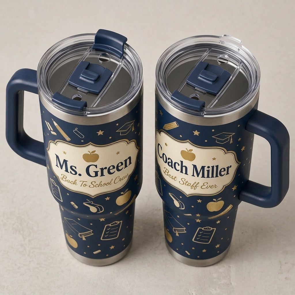 Personalized Teacher & Coach 40oz Tumbler with Handle - Custom School Staff Appreciation Gift - Navy and Gold