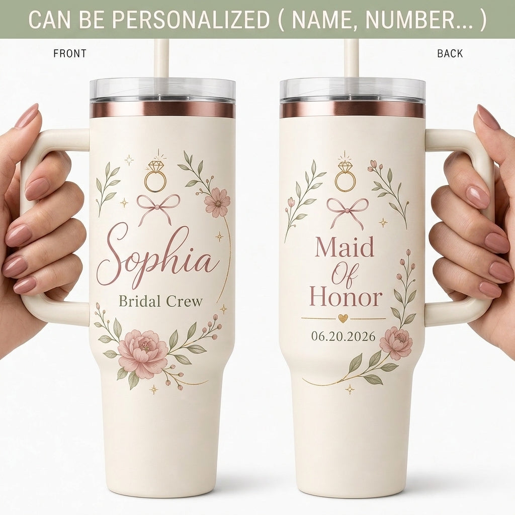 Personalized Bridal Crew 40oz Tumbler with Handle - Custom Maid of Honor Gift with Name and Date - Floral Wedding Mug