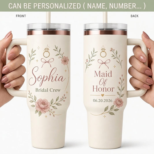 Personalized Bridal Crew 40oz Tumbler with Handle - Custom Maid of Honor Gift with Name and Date - Floral Wedding Mug