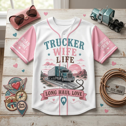 Personalized Trucker Wife Life Baseball Jersey - Custom Name & Number Long Haul Love Gift