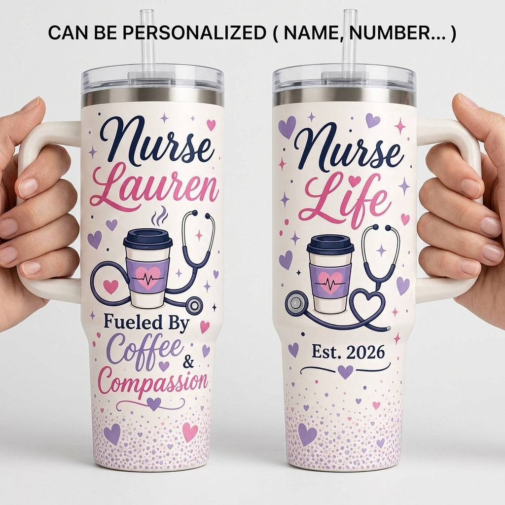 Personalized Nurse Life 40oz Tumbler with Handle, Custom Name Coffee and Compassion Gift for Nursing Students
