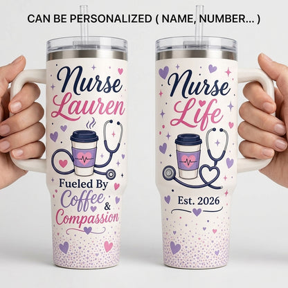 Personalized Nurse Life 40oz Tumbler with Handle, Custom Name Coffee and Compassion Gift for Nursing Students