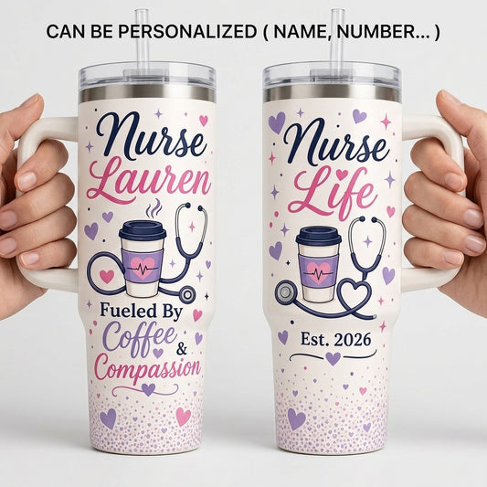 Personalized Nurse Life 40oz Tumbler with Handle, Custom Name Coffee and Compassion Gift for Nursing Students