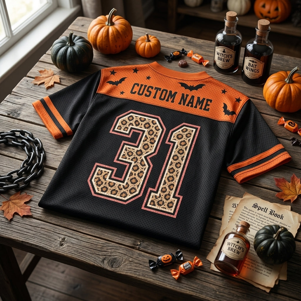 Personalized Halloween Ghost Leopard Print Football Jersey - Custom Name Spooky Mesh Sport Shirt