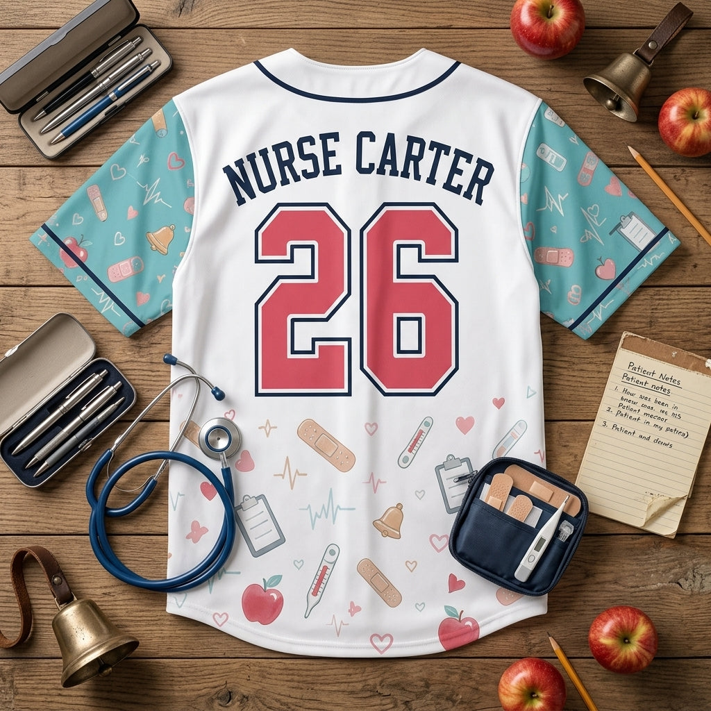 Personalized School Nurse Baseball Jersey - Custom Name Bell Time Care Crew Shirt