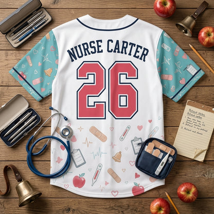 Personalized School Nurse Baseball Jersey - Custom Name Bell Time Care Crew Shirt
