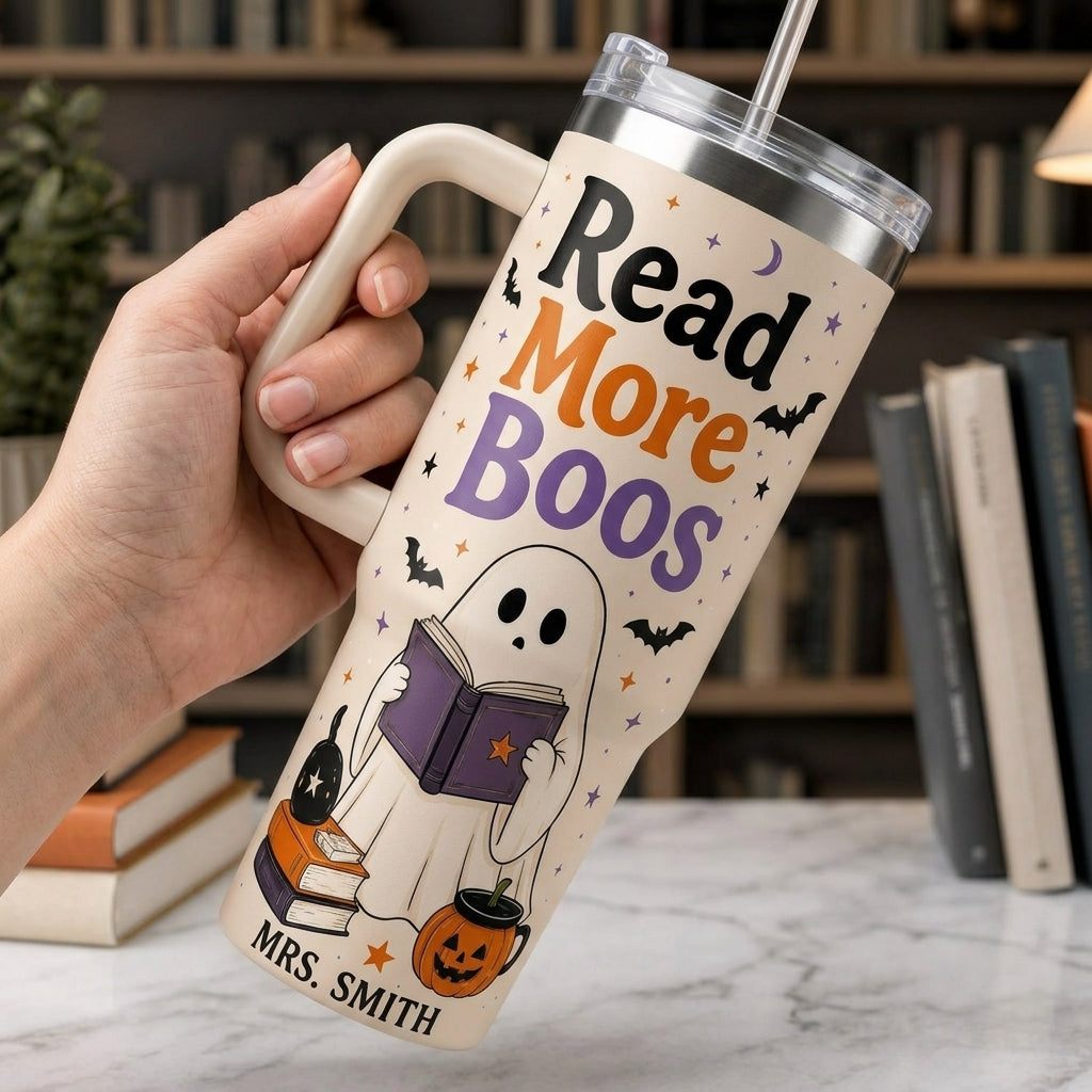 Personalized Read More Boos 40oz Tumbler with Handle, Custom Name Ghost Book Lover Gift, Insulated Halloween Mug