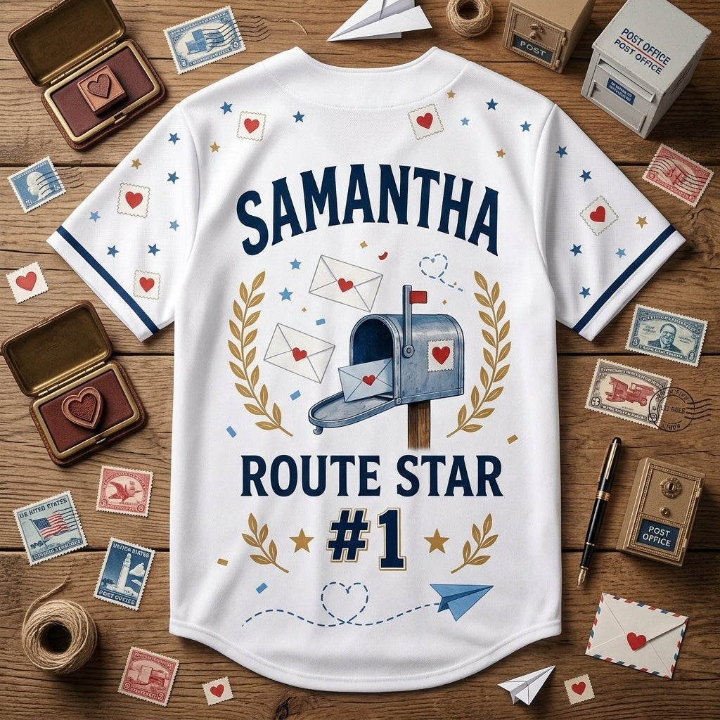 Personalized Best Mail Carrier Ever Baseball Jersey - Custom Name & Route Star #1 Postal Gift