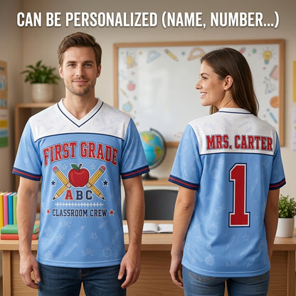 Personalized First Grade Classroom Crew Football Jersey - Custom Name Teacher Spirit Shirt