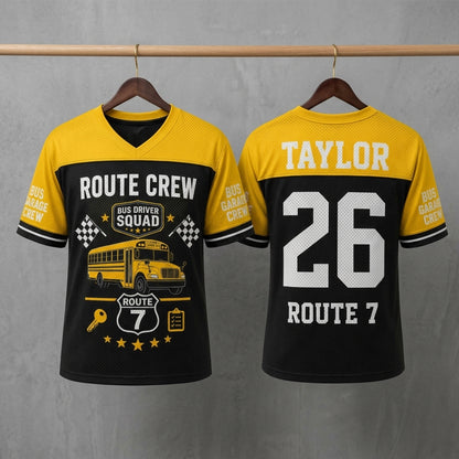 Personalized Bus Driver Squad Football Jersey - Custom Name and Route Number School Bus Crew Apparel