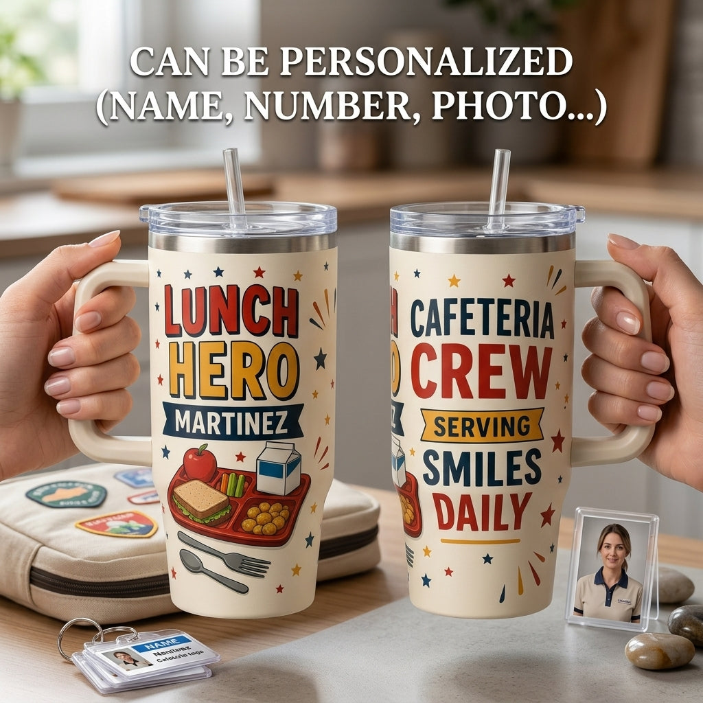 Personalized Lunch Hero 40oz Tumbler with Handle - Custom Cafeteria Crew Gift for School Nutrition Staff