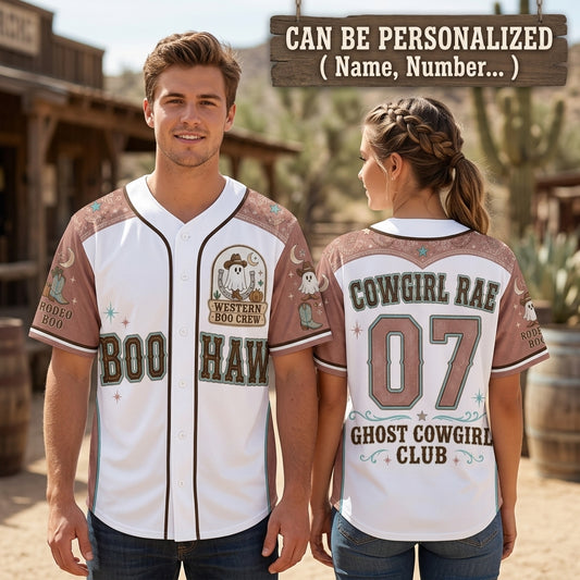 Personalized Ghost Cowgirl Halloween Baseball Jersey - Custom Name Western Boo Crew Boo Haw Jersey