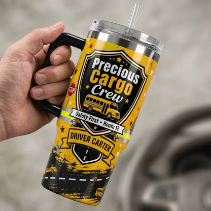 Personalized Precious Cargo Crew School Bus Driver 40oz Tumbler with Handle - Custom Name and Route Gift