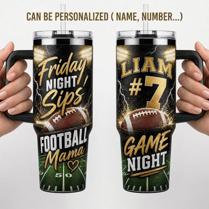 Personalized Football Mama 40oz Tumbler with Handle - Custom Name & Number Game Night Cup